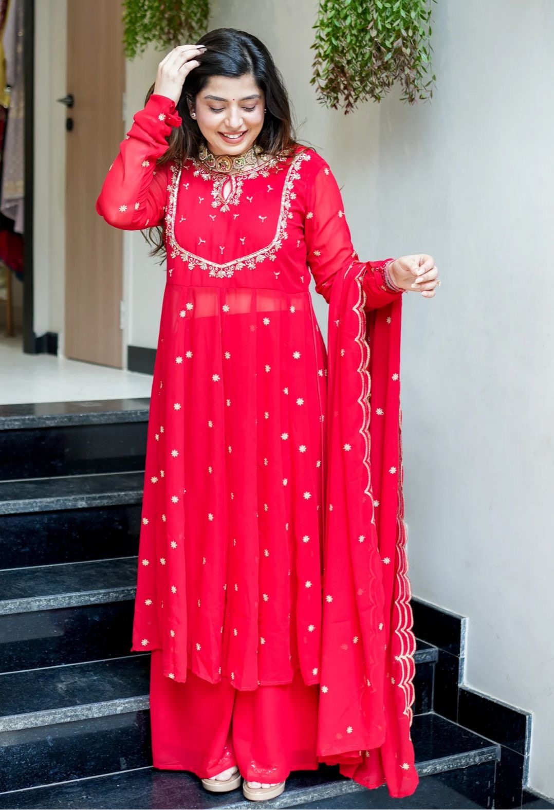 Red Designer Partywear Georgette Anarkali Suit With Hand Work