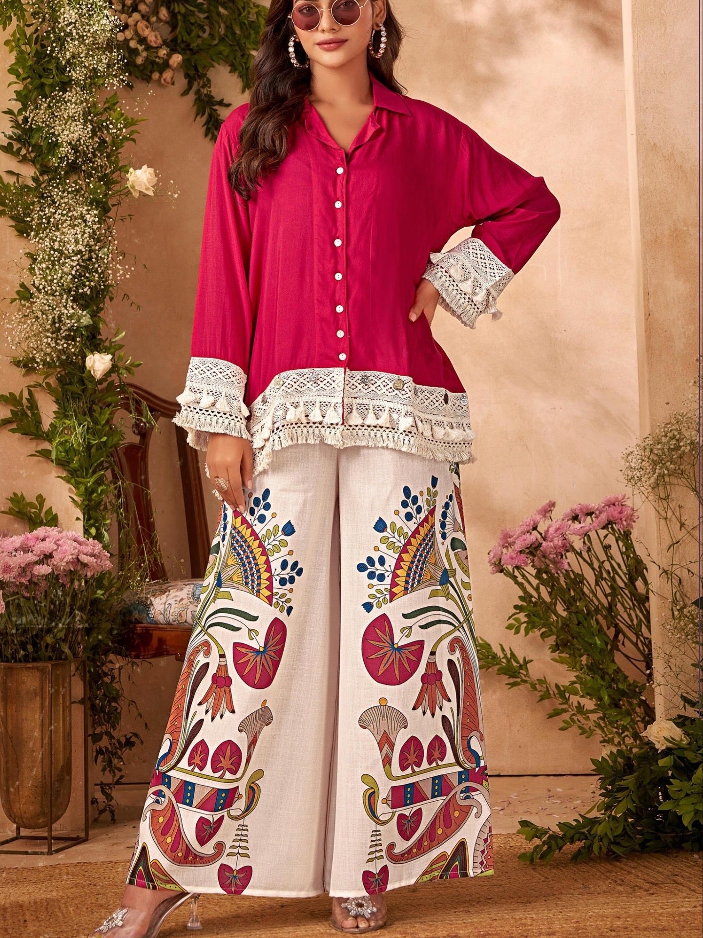 Designer Trendy Co-ord Set With Digital Print Flared Plazo With Fringe Lace Detailing