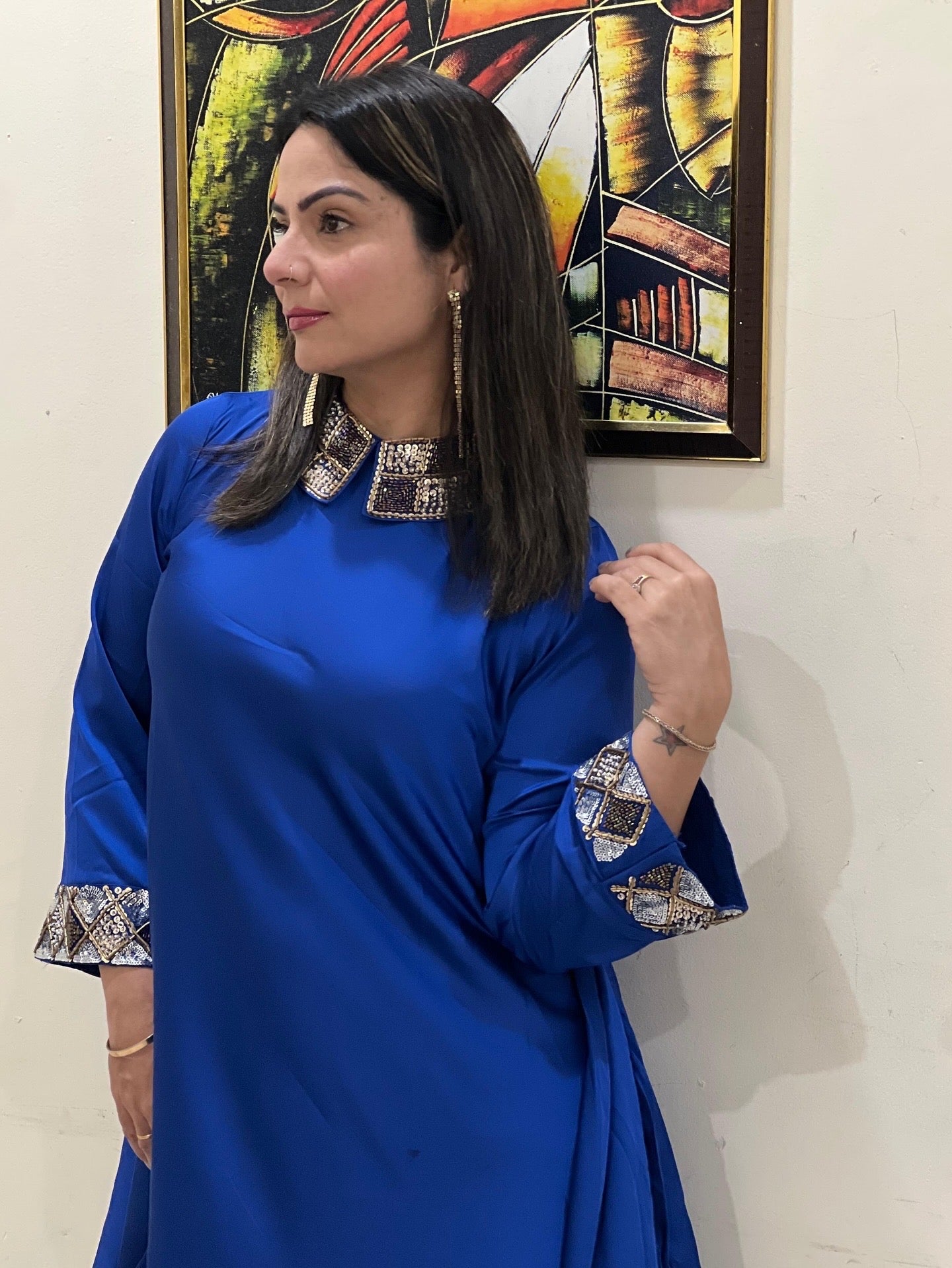 Royal Blue Premium Satin Cowl Dress With Handwork On Collar & Sleeves