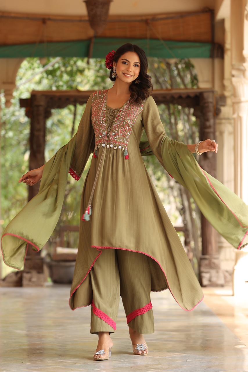 Mehendi Green Pure Mul Cotton Hi-Lo Salwar Suit