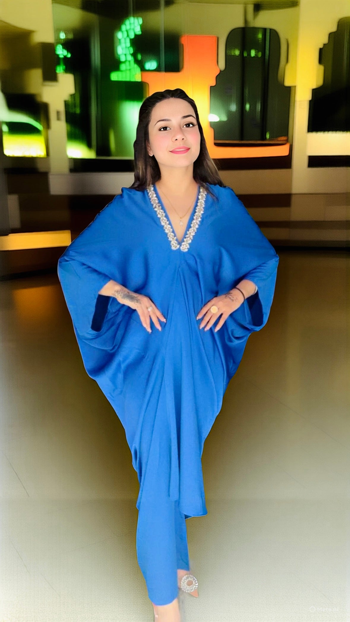 Imported Premium Satin Rhinestone Neckline Kaftan Dress