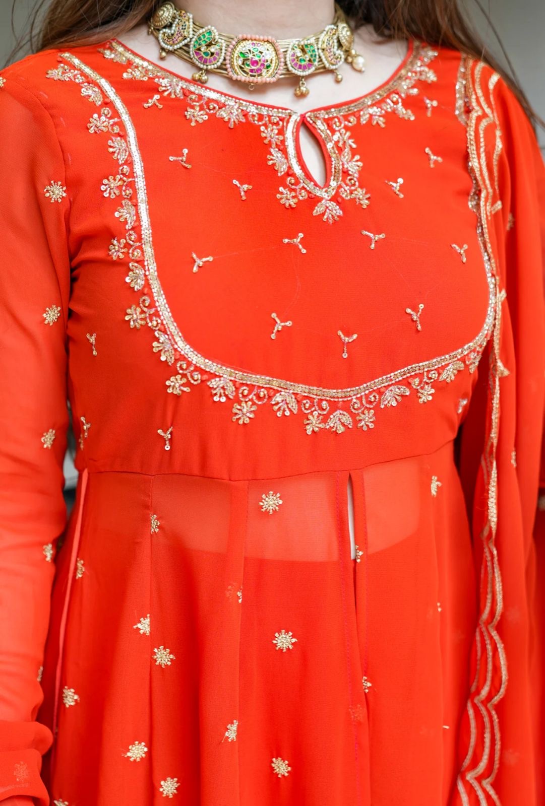 Orange Designer Partywear Georgette Anarkali Suit With Hand Work