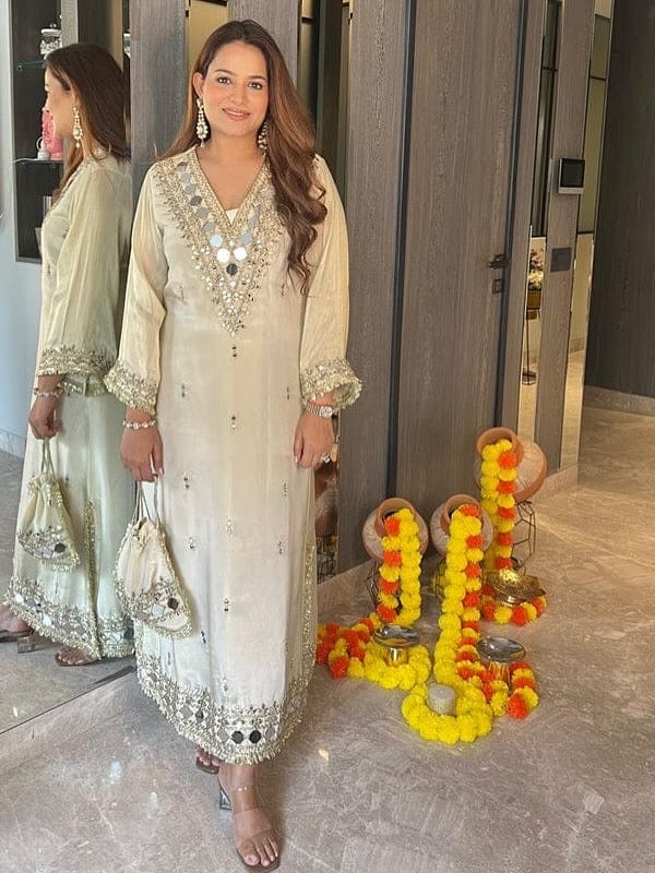 Celebrity Inspired Designer Shimmer Organza Long Dress With Embroidery and Mirror Work Detailing