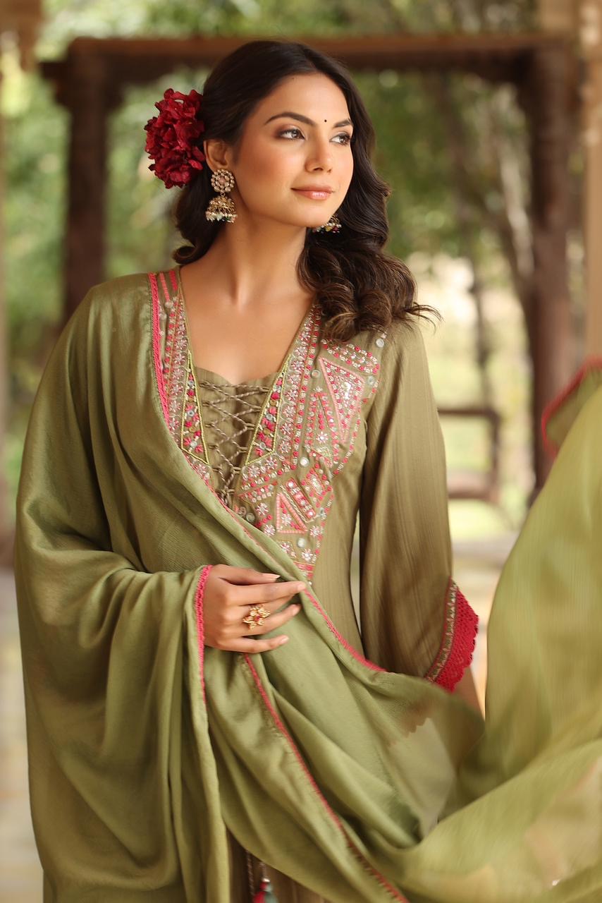 Mehendi Green Pure Mul Cotton Hi-Lo Salwar Suit