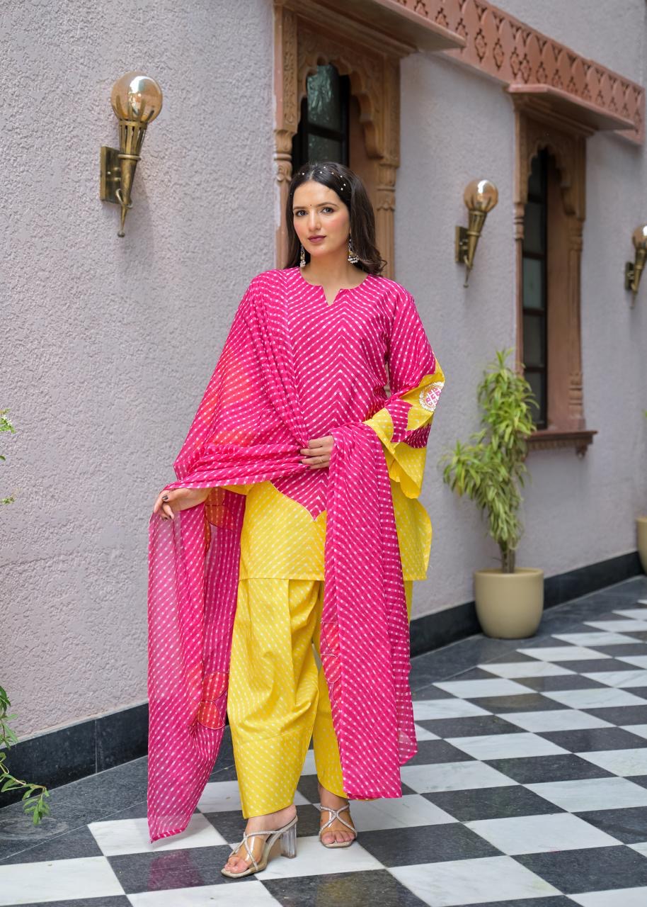 Designer Bandhej Flower Patch Pure Cotton Kurta With Farshi Salwar