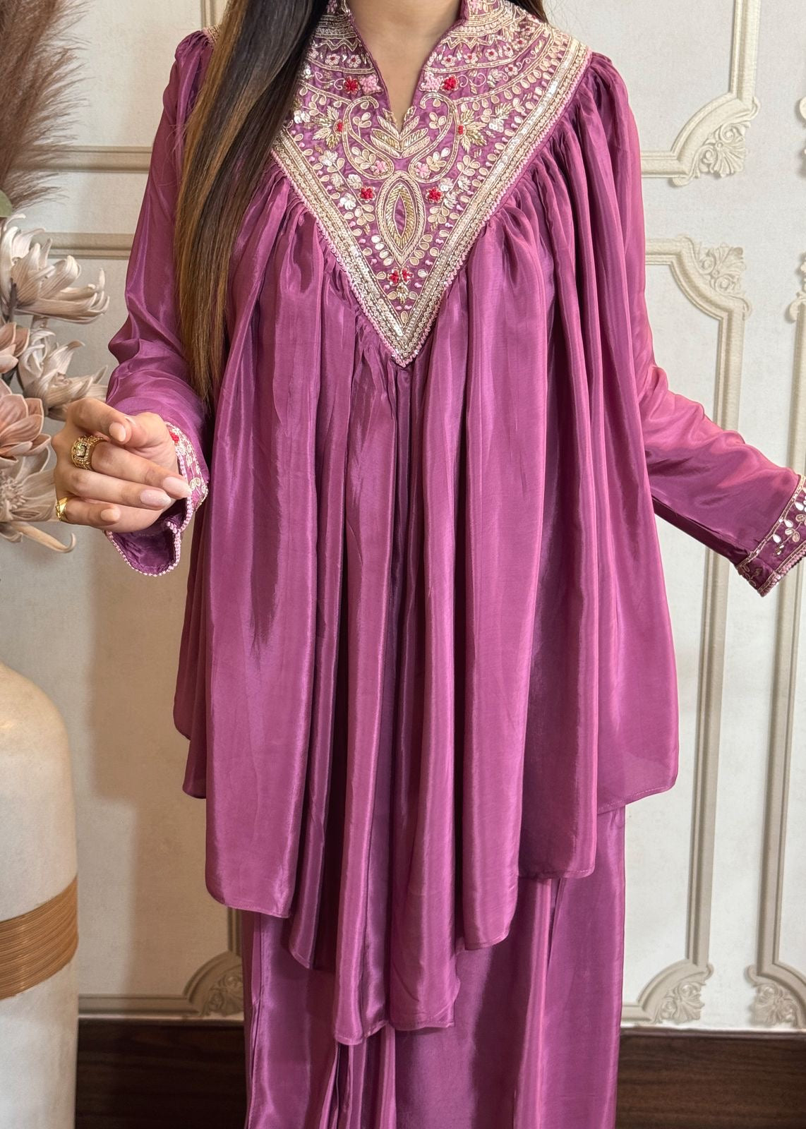 Rose Mauve Pure Crepe Peplum Top With Dhoti Skirt