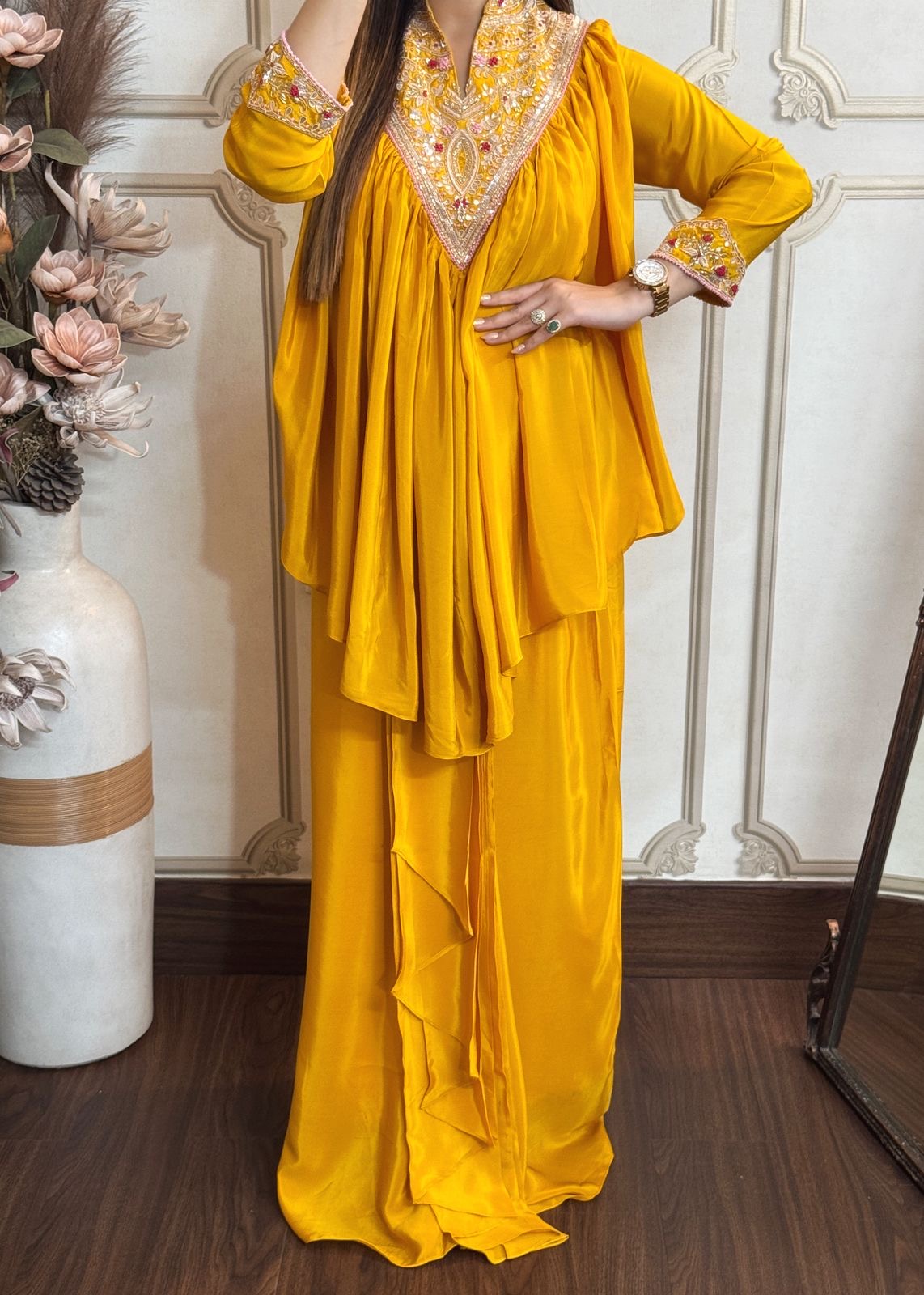 Deep Yellow Pure Crepe Peplum Top With Dhoti Skirt