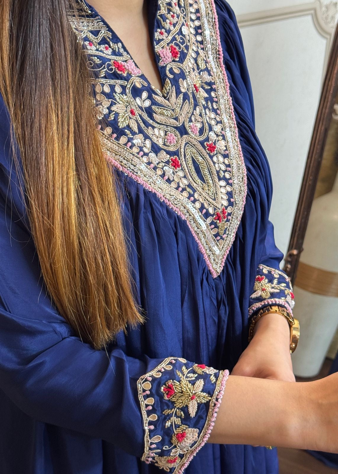 Navy Blue Pure Crepe Peplum Top With Dhoti Skirt