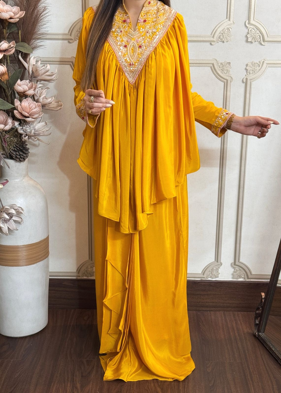 Deep Yellow Pure Crepe Peplum Top With Dhoti Skirt