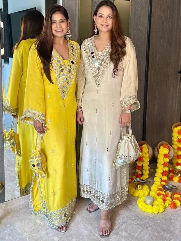 Celebrity Inspired Designer Shimmer Organza Long Dress With Embroidery and Mirror Work Detailing