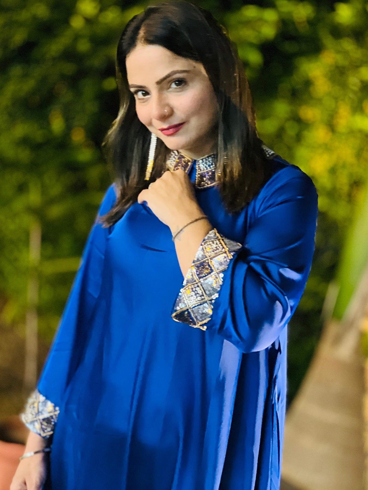 Royal Blue Premium Satin Cowl Dress With Handwork On Collar & Sleeves