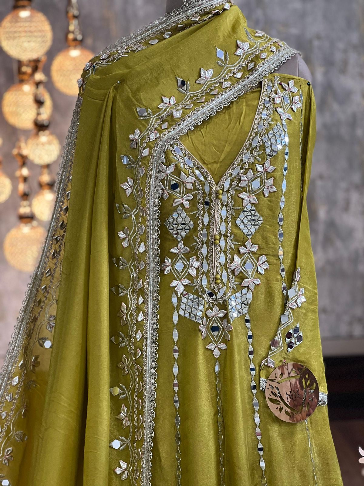 Designer Partywear Shimmer Tissue Anarkali Suit With Gota Patti And Mirror Work