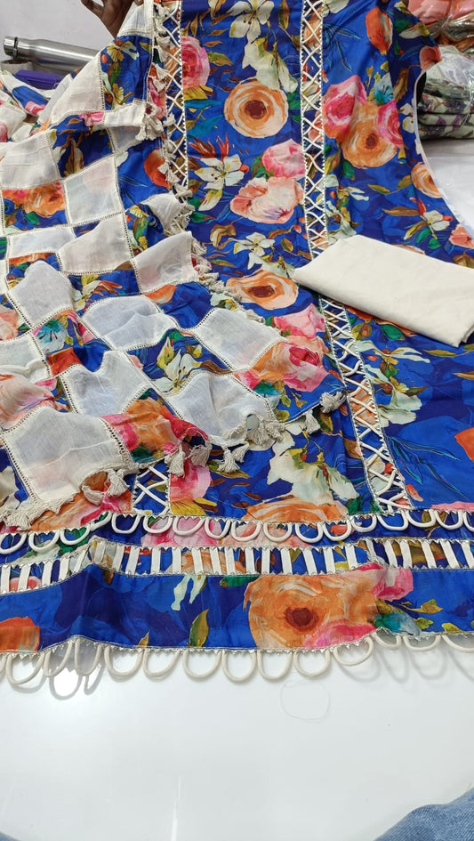 Pure Cotton Designer Printed Suit Fabric With Patchwork Lace Work And Tassel Detailing