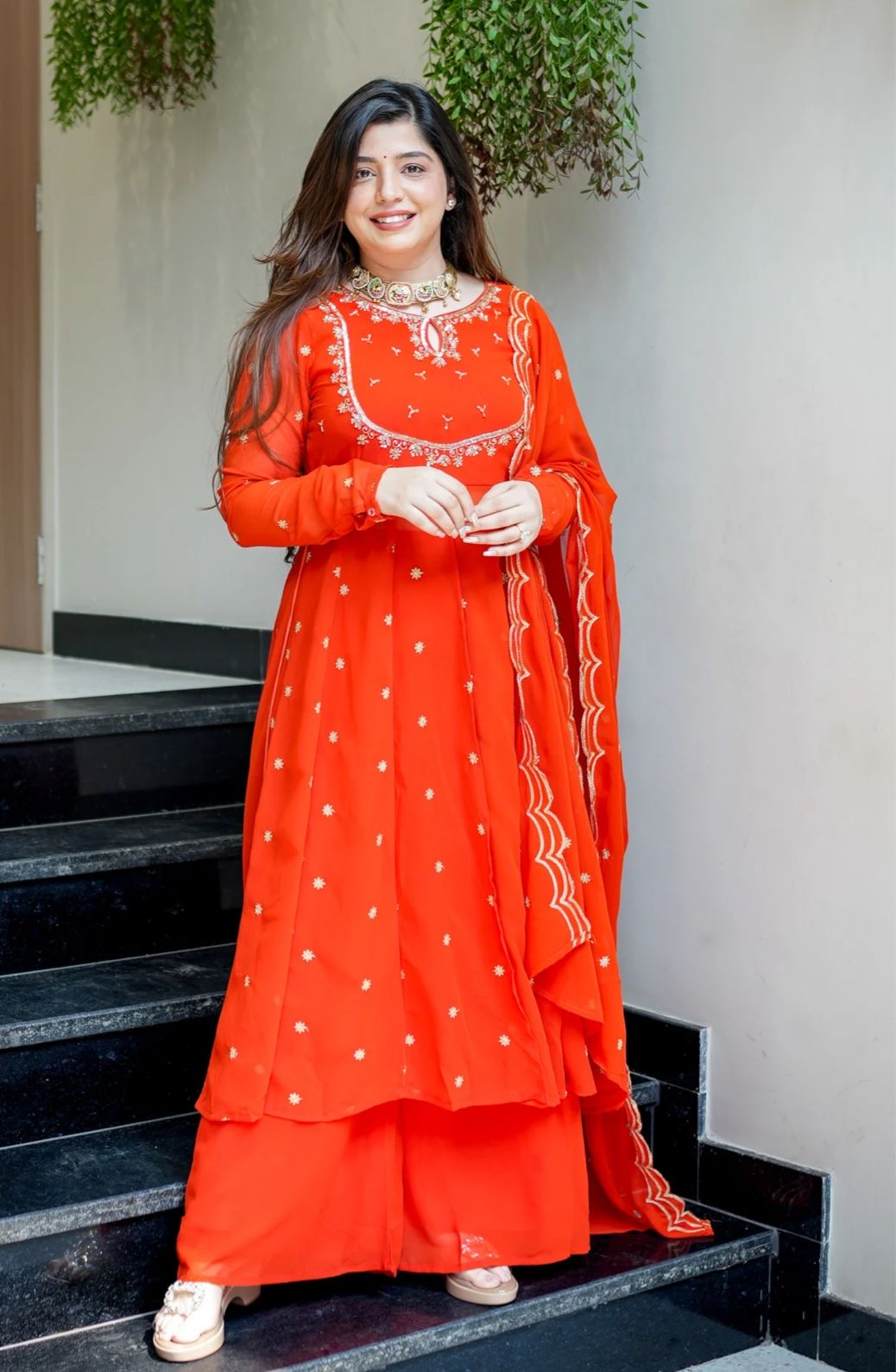 Orange Designer Partywear Georgette Anarkali Suit With Hand Work