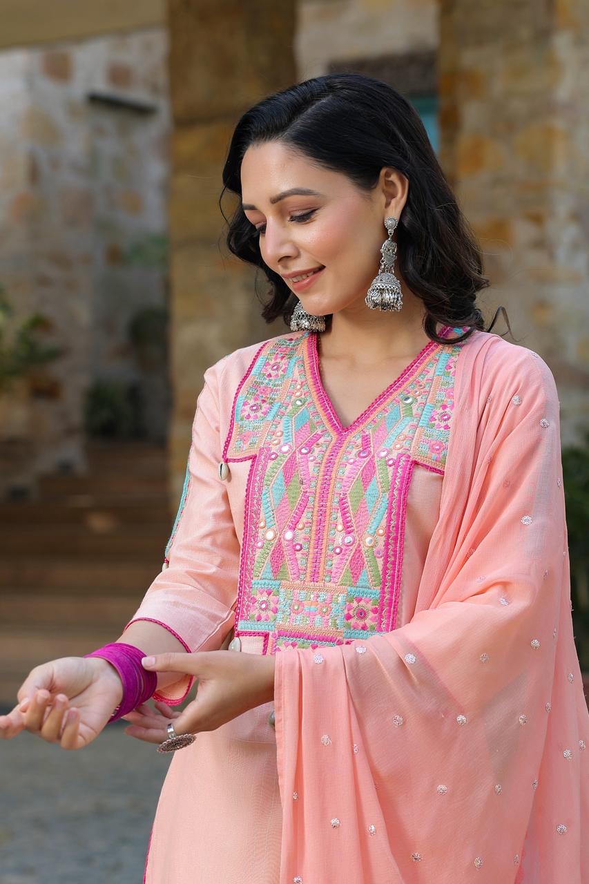 Peach Embroidered Cotton Suit With Complimentary Purse