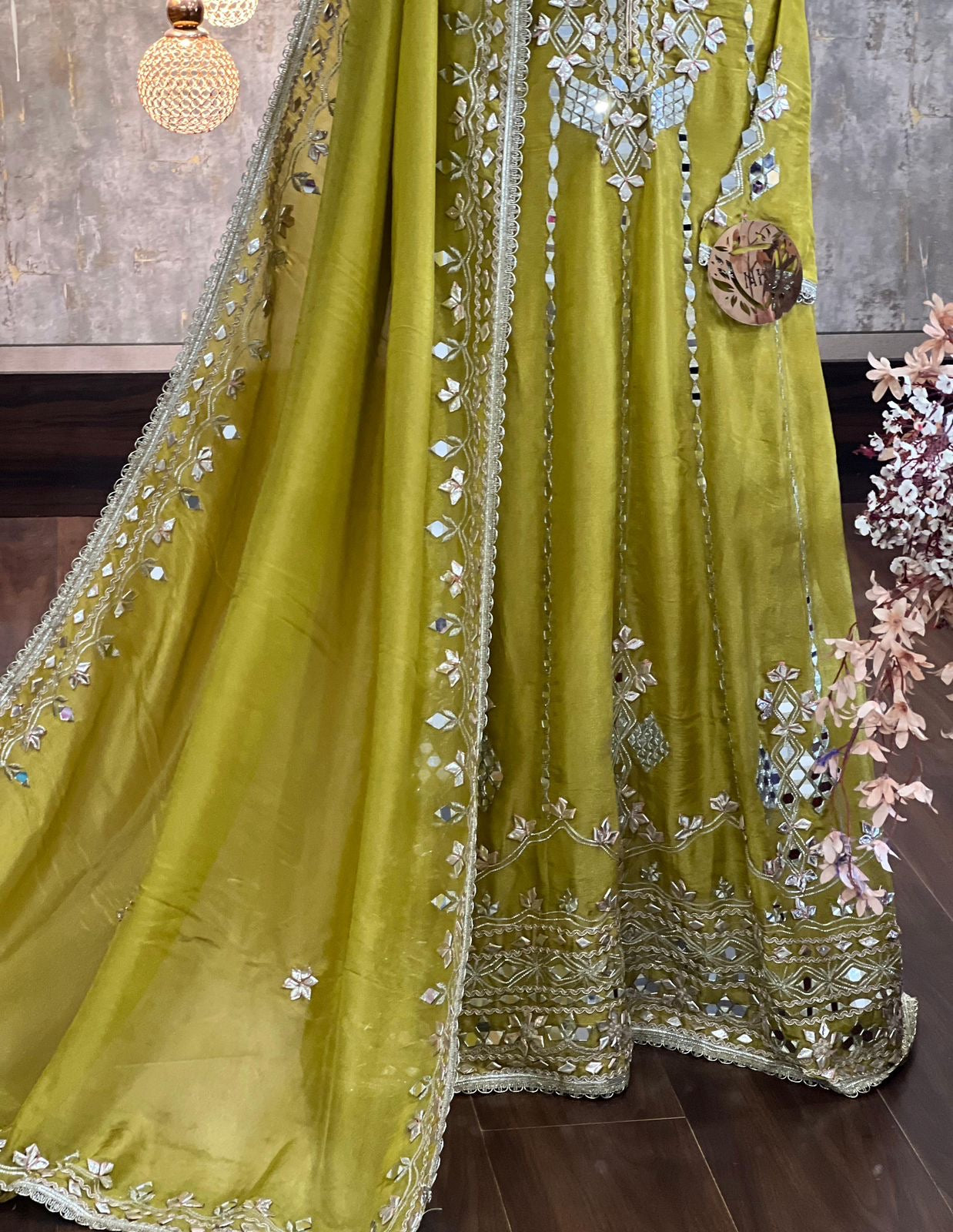 Designer Partywear Shimmer Tissue Anarkali Suit With Gota Patti And Mirror Work