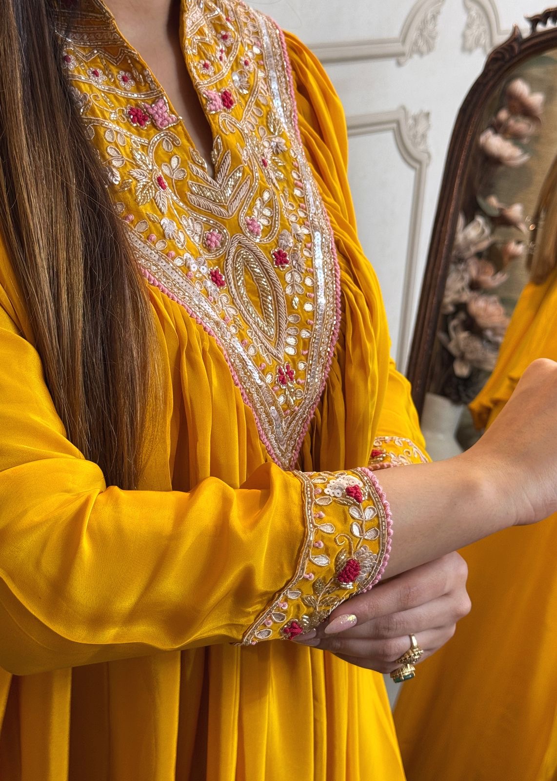 Deep Yellow Pure Crepe Peplum Top With Dhoti Skirt