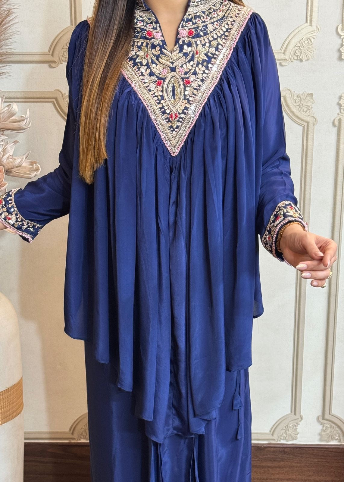 Navy Blue Pure Crepe Peplum Top With Dhoti Skirt