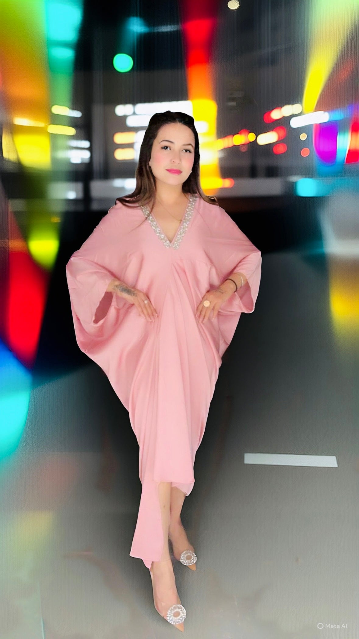 Imported Premium Satin Rhinestone Neckline Kaftan Dress