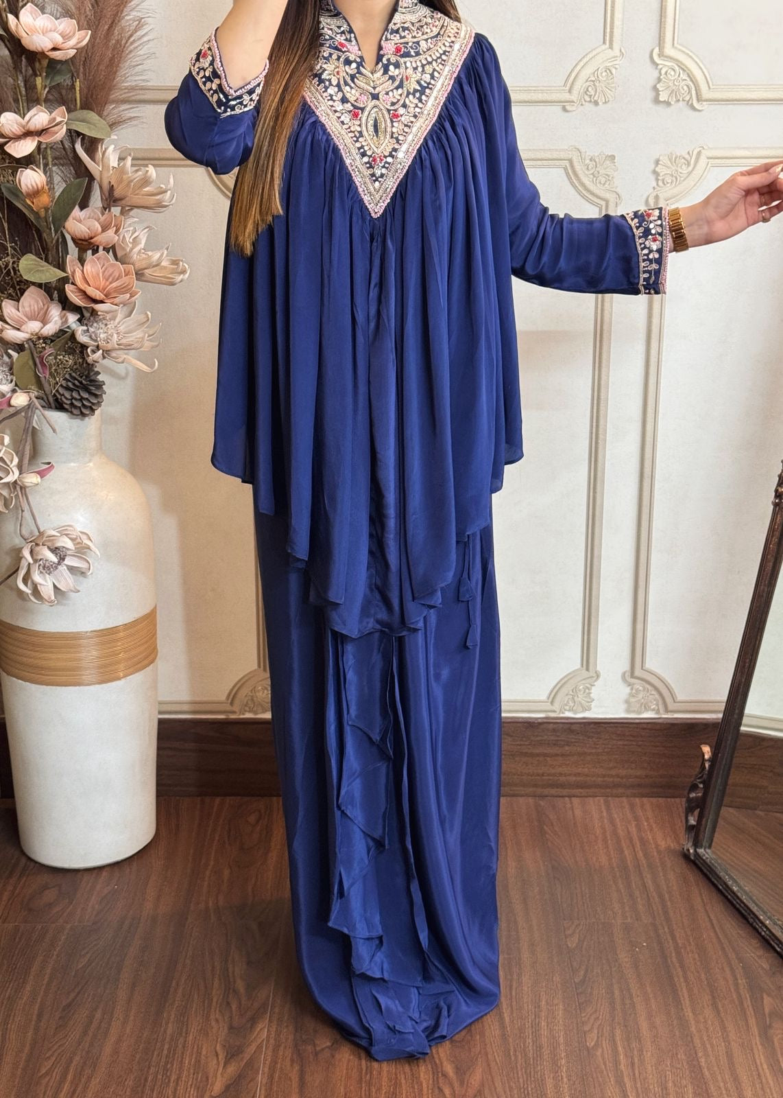 Navy Blue Pure Crepe Peplum Top With Dhoti Skirt