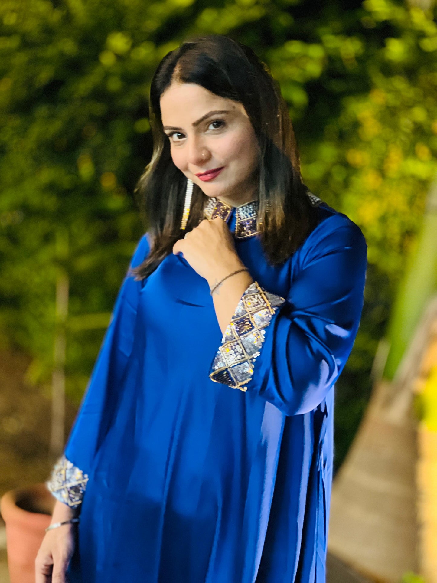 Royal Blue Premium Satin Cowl Dress With Handwork On Collar & Sleeves