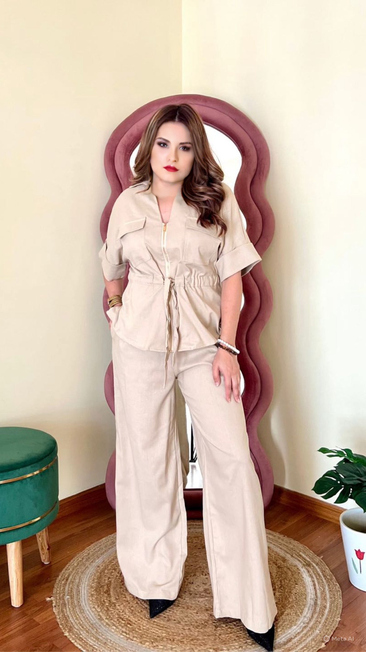 Cotton Linen Drawstring Waist Zip Coord Set