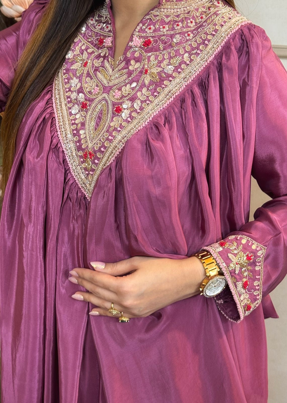 Rose Mauve Pure Crepe Peplum Top With Dhoti Skirt