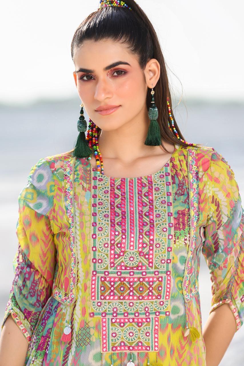 Yellow Printed Chiffon Suit With Tulip Pants