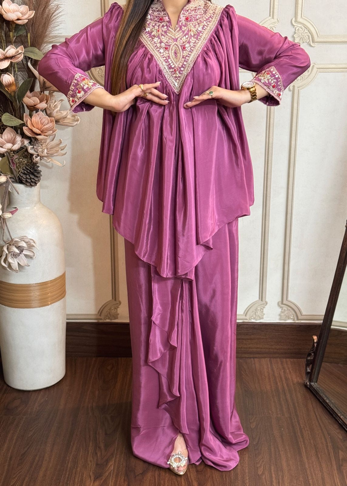 Rose Mauve Pure Crepe Peplum Top With Dhoti Skirt