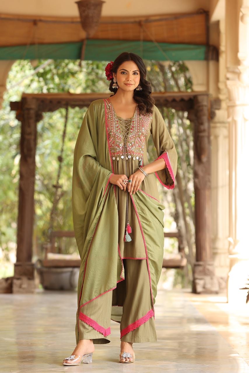 Mehendi Green Pure Mul Cotton Hi-Lo Salwar Suit