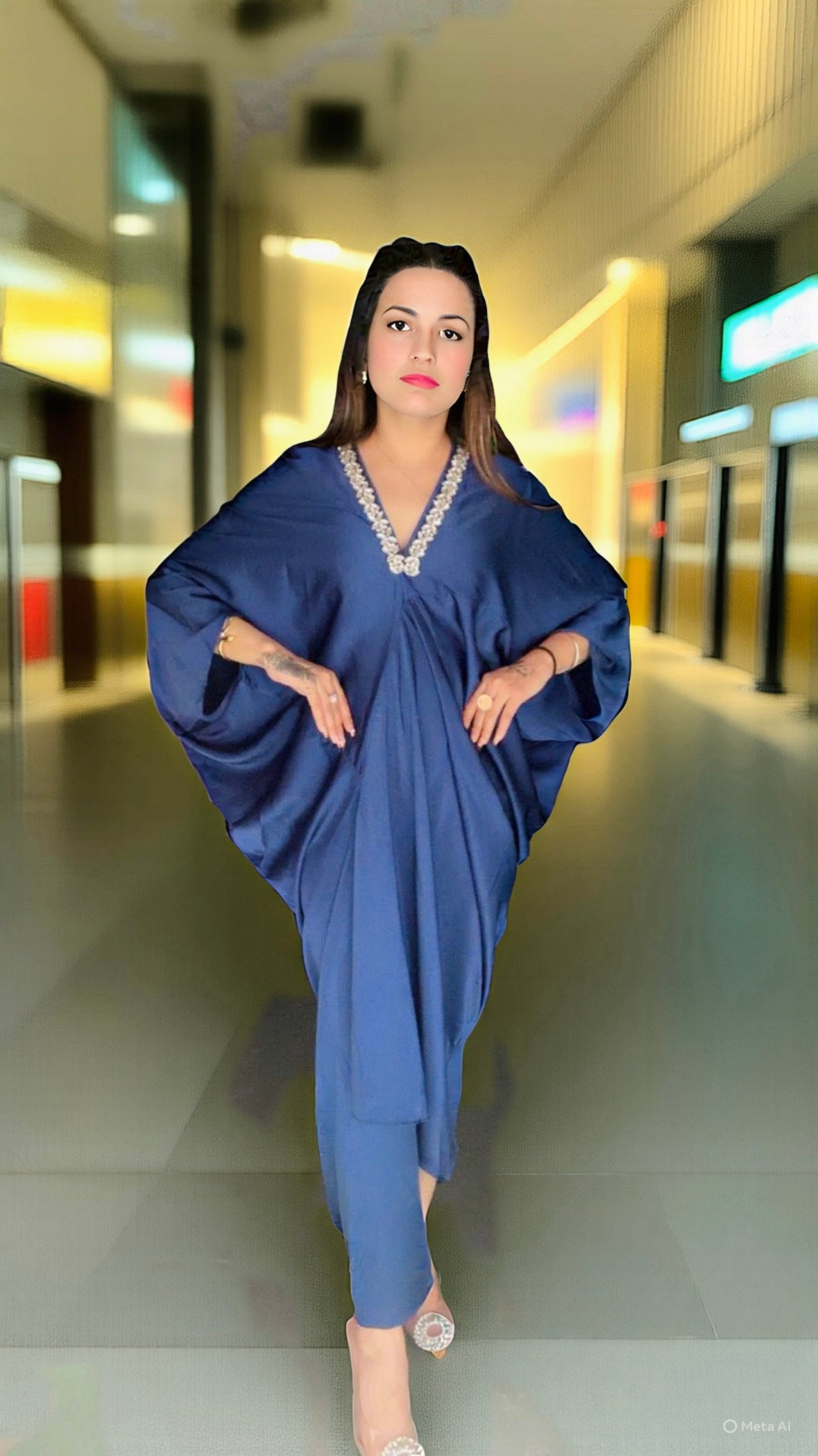 Imported Premium Satin Rhinestone Neckline Kaftan Dress