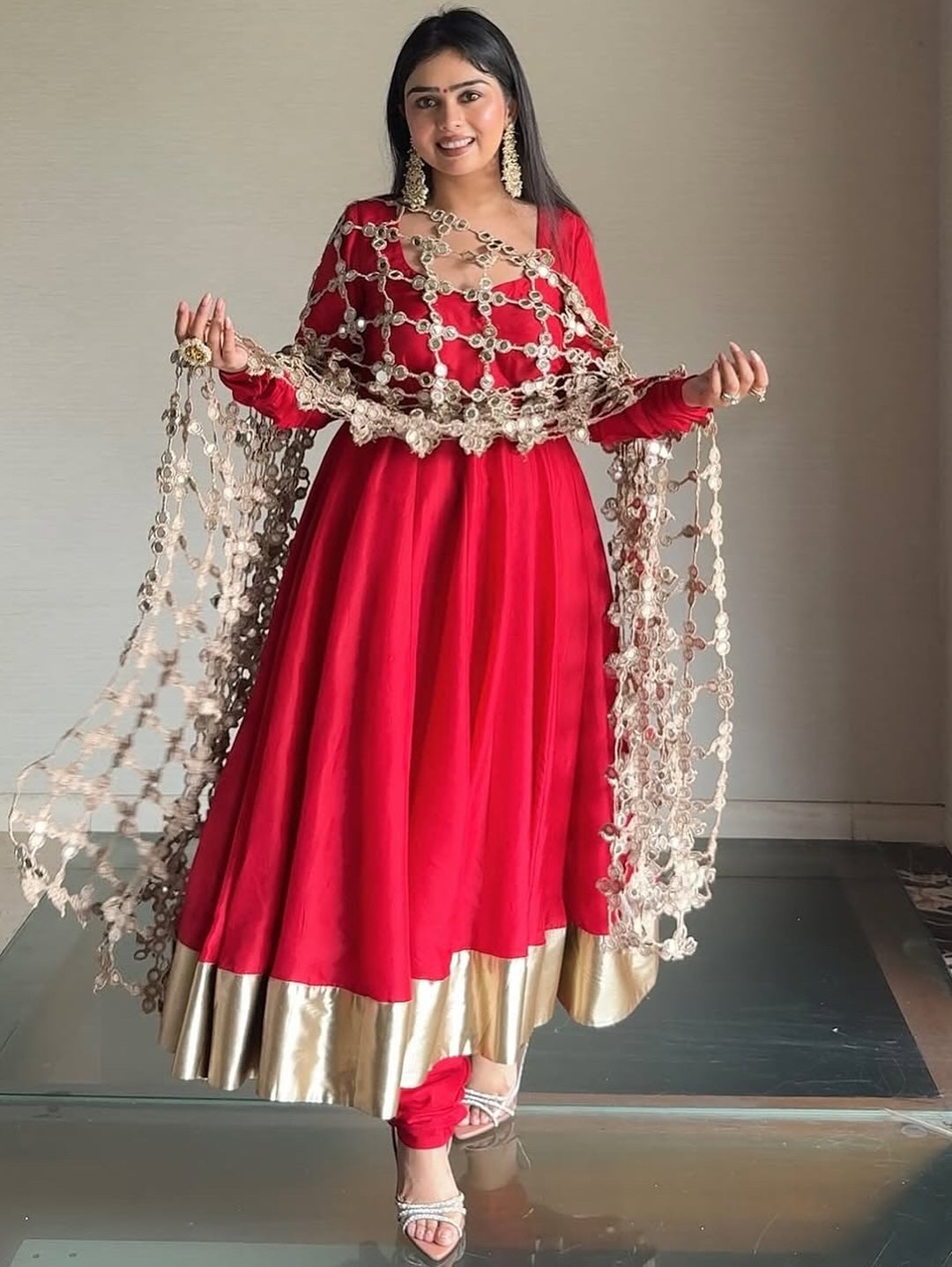 Red Designer Partywear Georgette Anarkali Suit With Posheeda Sheesh Dupatta