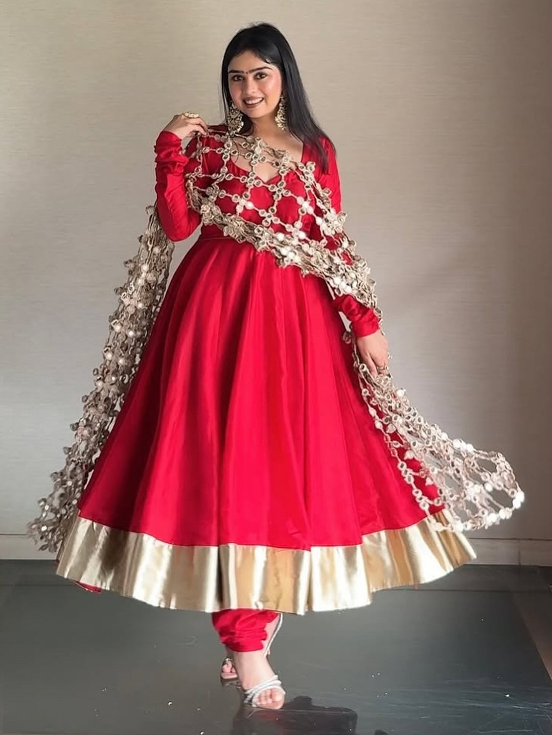 strapless open back dress Designer Red Anarkali Gown With Golden Embroidery – TANHAI