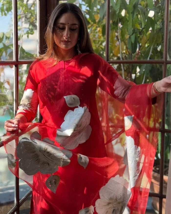 Designer Partywear Red Pure Upada Silk Kareena Kapoor Suit