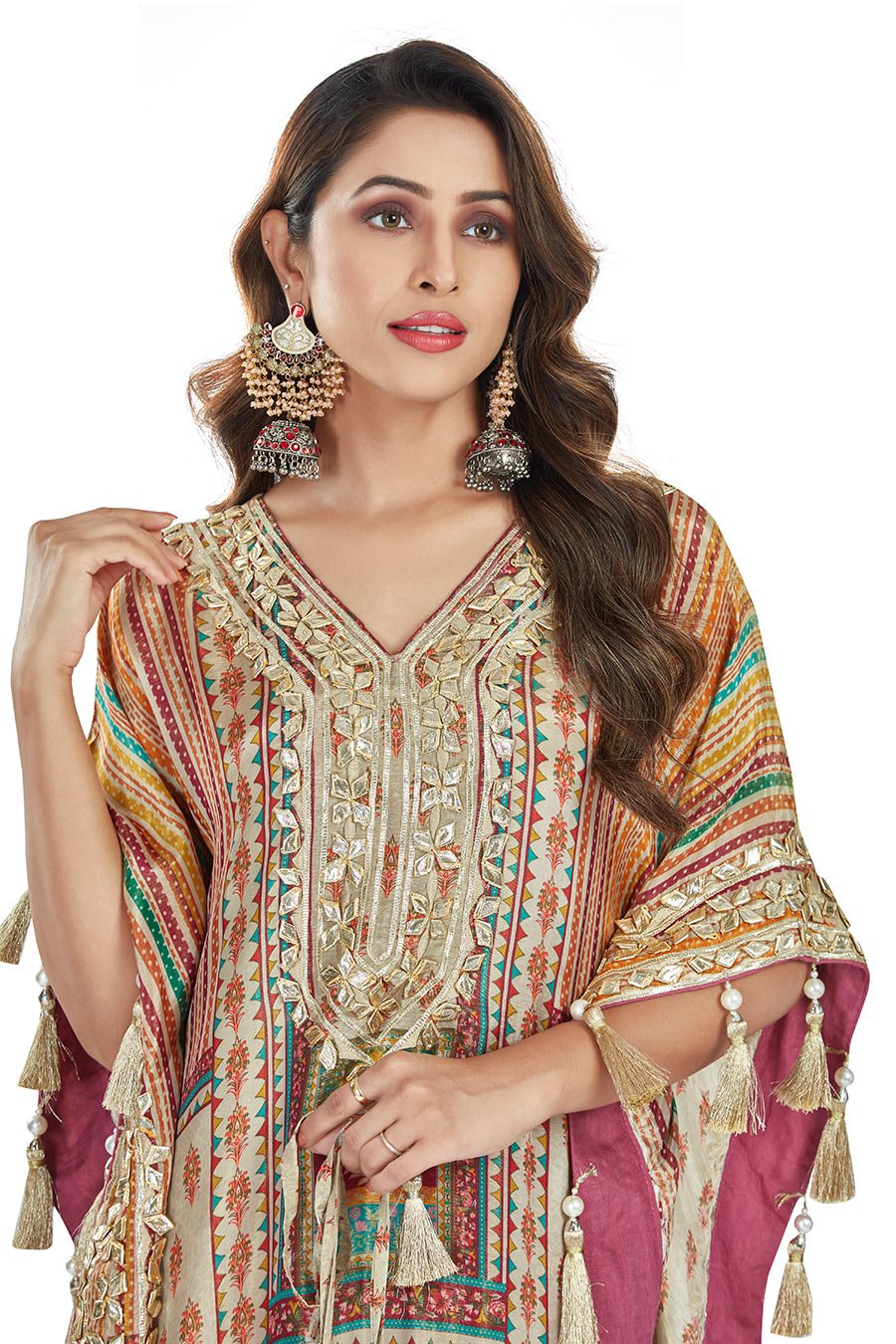 Multicolor with Heavy Tassels Kaftan Dhoti Set