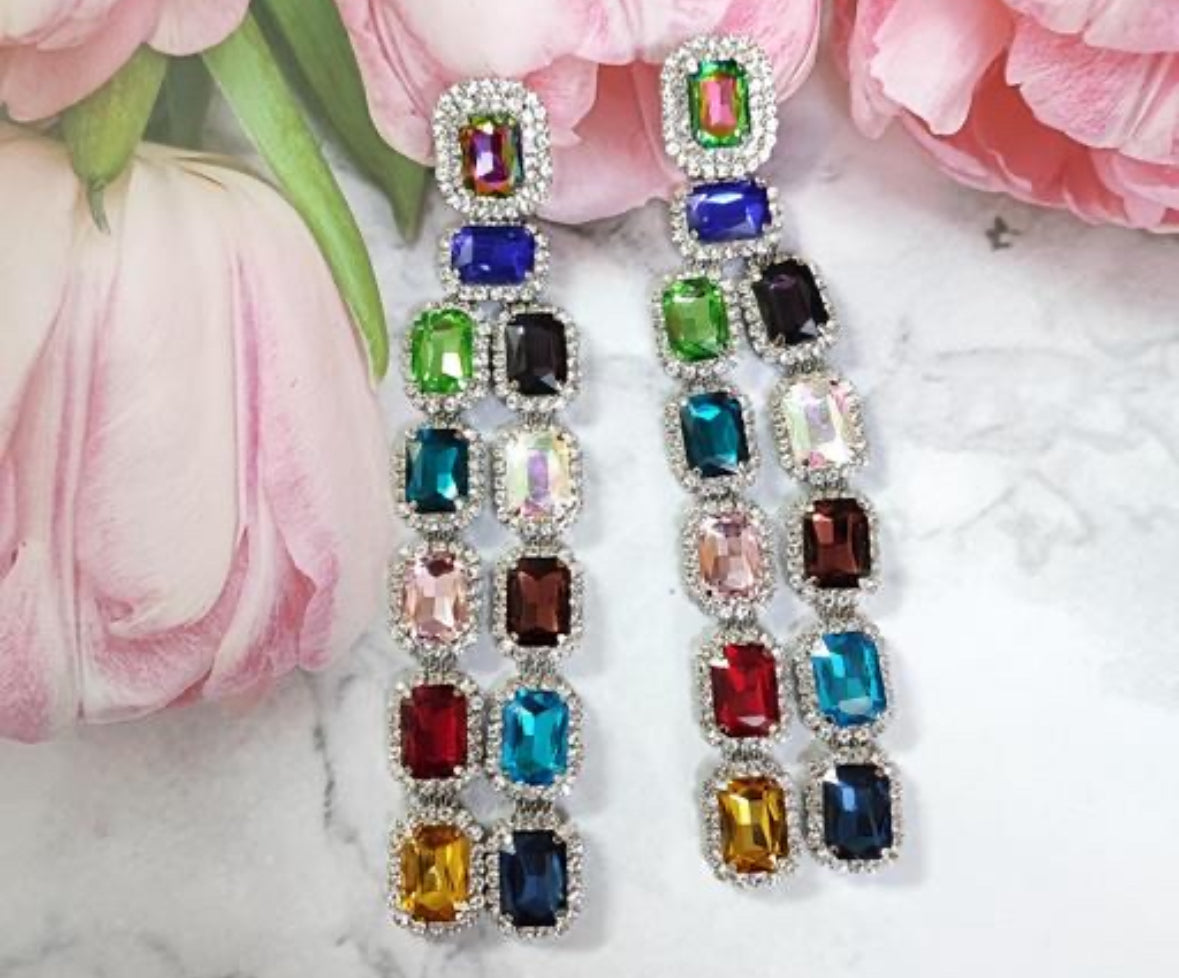 Designer Partywear Celebrity Style Multicolour Long Dangler Crystal Earrings