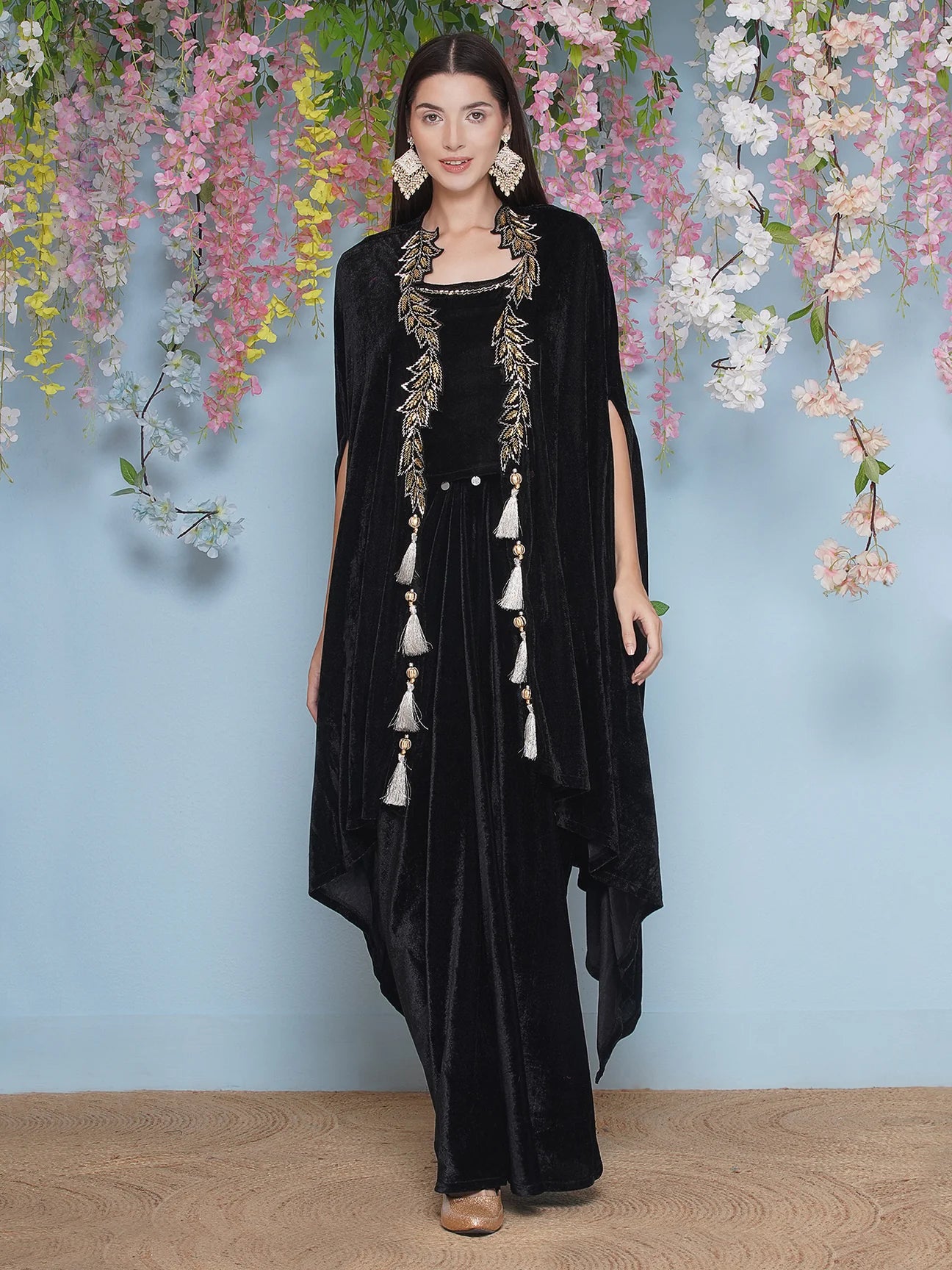 Partywear Indowestern Black Velvet Hand Embellished Shrug with inner and dhoti Skirt Partywear Indowestern Black Velvet Hand Embellished Shrug with inner and dhoti Skirt
