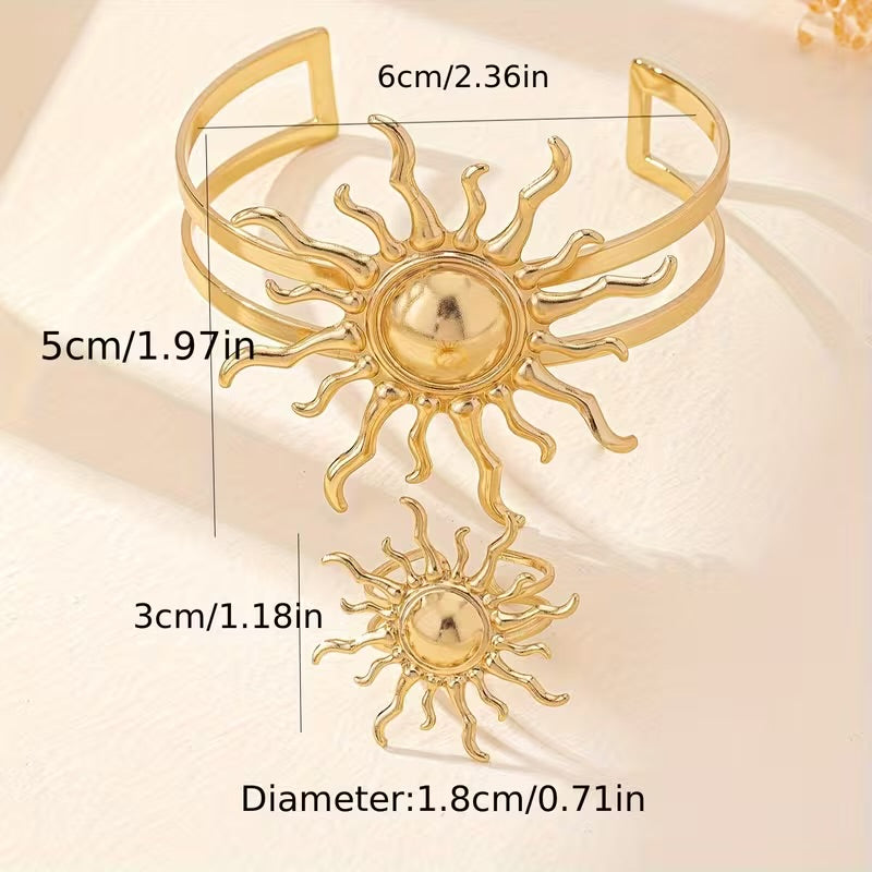 Anti-Tarnish 18K Gold Plated Sun Burst Hand Cuff Bracelet With Ring