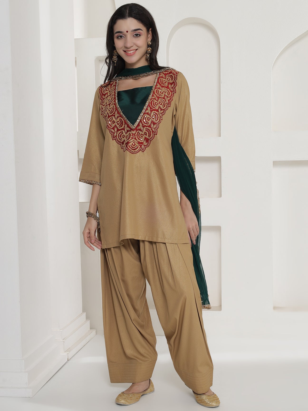 Partywear Dull Gold Shimmer Chinnon Kurta With Farshi Salwar and Dupatta