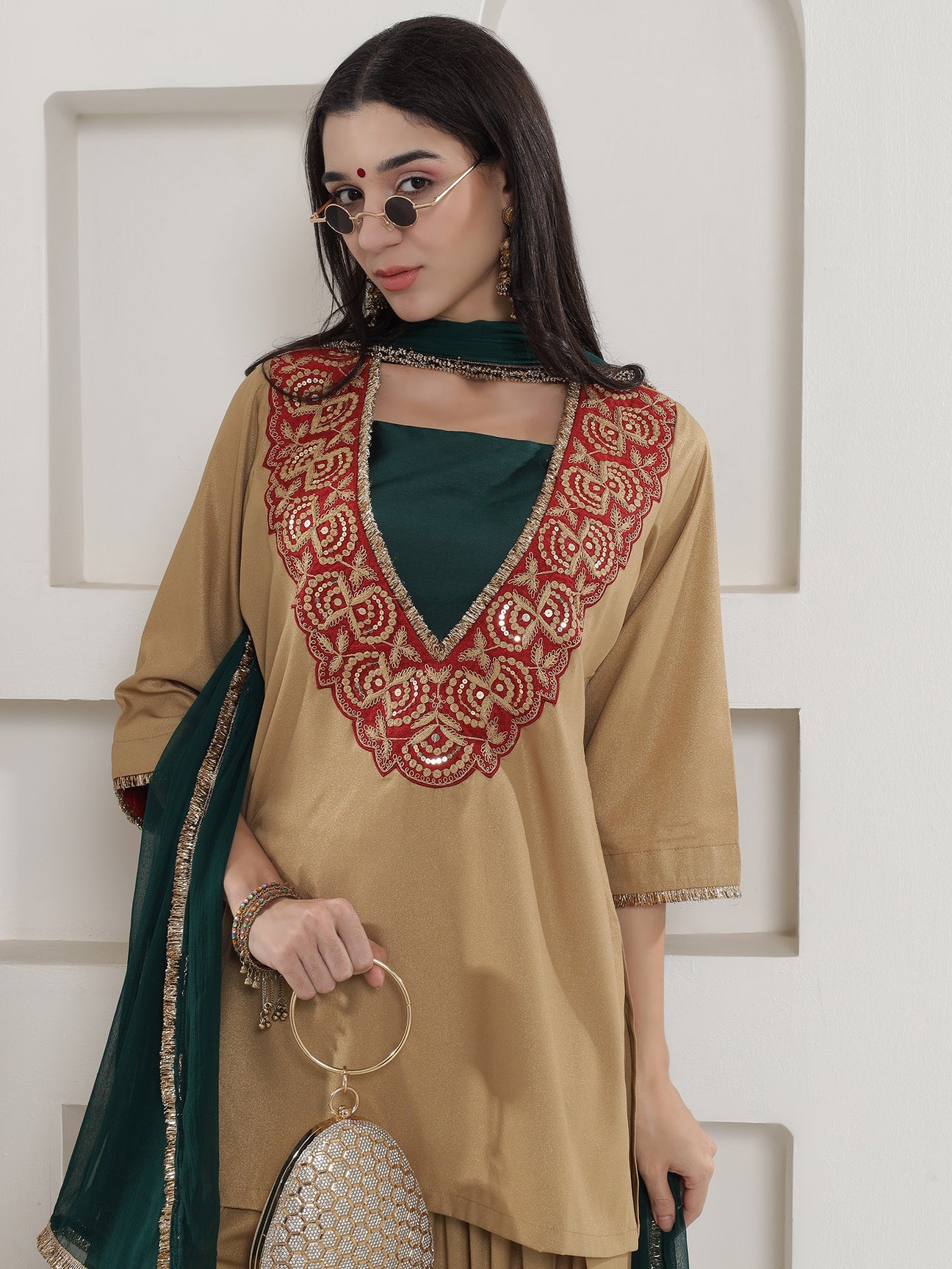 Partywear Dull Gold Shimmer Chinnon Kurta With Farshi Salwar and Dupatta