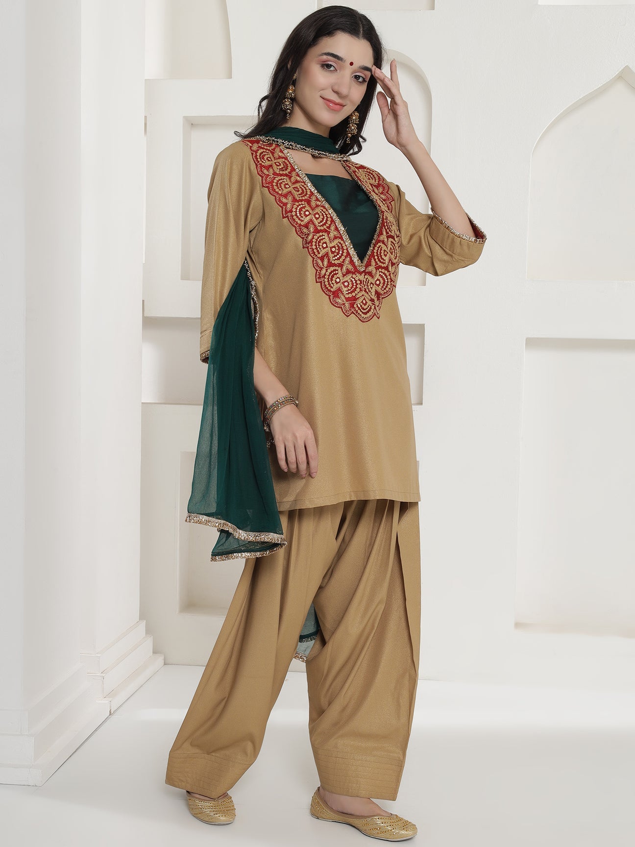 Partywear Dull Gold Shimmer Chinnon Kurta With Farshi Salwar and Dupatta