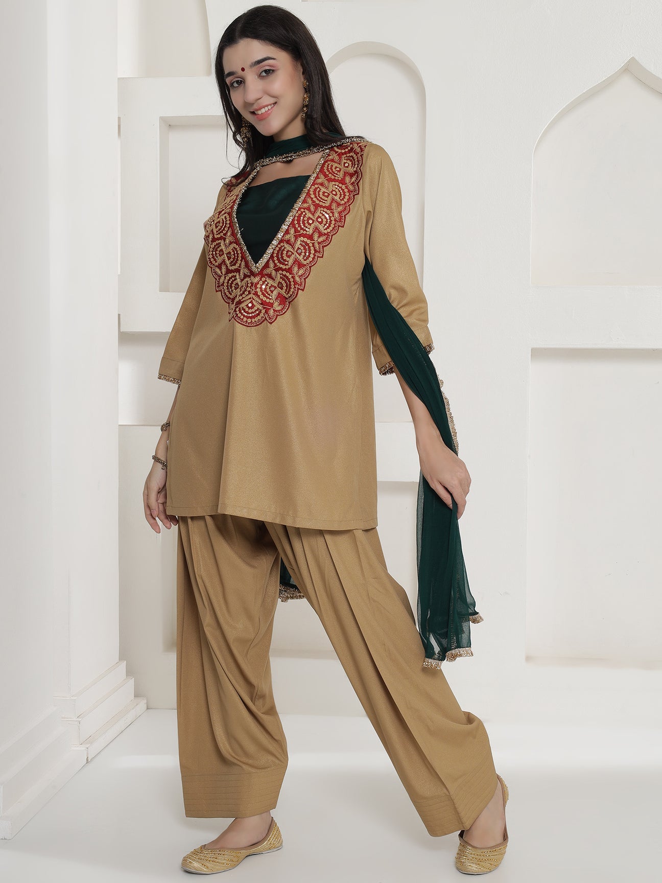 Partywear Dull Gold Shimmer Chinnon Kurta With Farshi Salwar and Dupatta