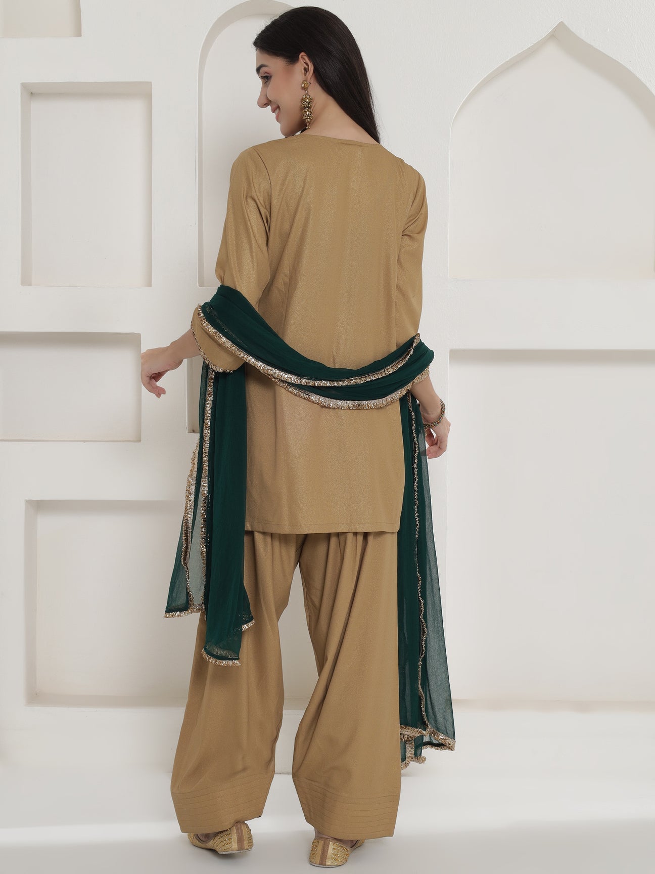 Partywear Dull Gold Shimmer Chinnon Kurta With Farshi Salwar and Dupatta