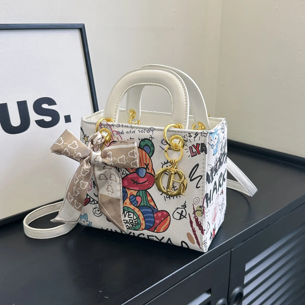 Imported Designer Crossbody Handbag with Graffiti Accent With Silk Scarf