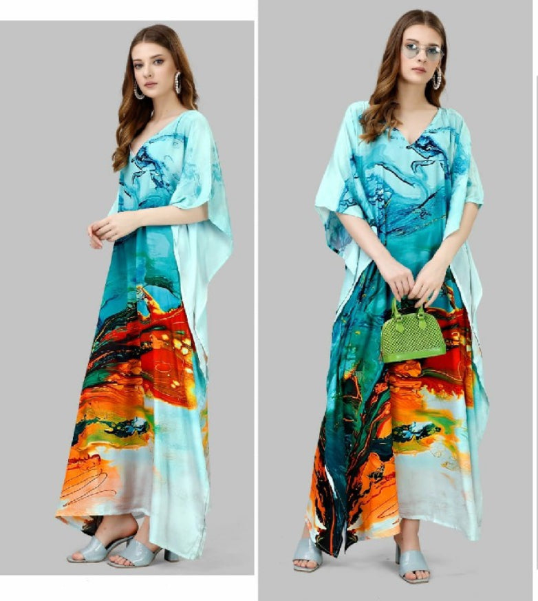 Pure Satin Silk Full Length Kaftan With Digital Prints