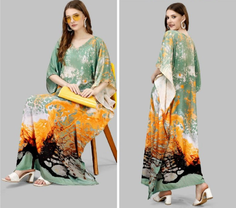 Pure Satin Silk Full Length Kaftan With Digital Prints
