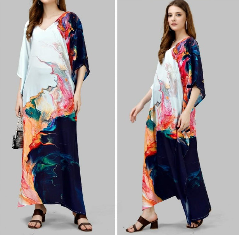 Pure Satin Silk Full Length Kaftan With Digital Prints