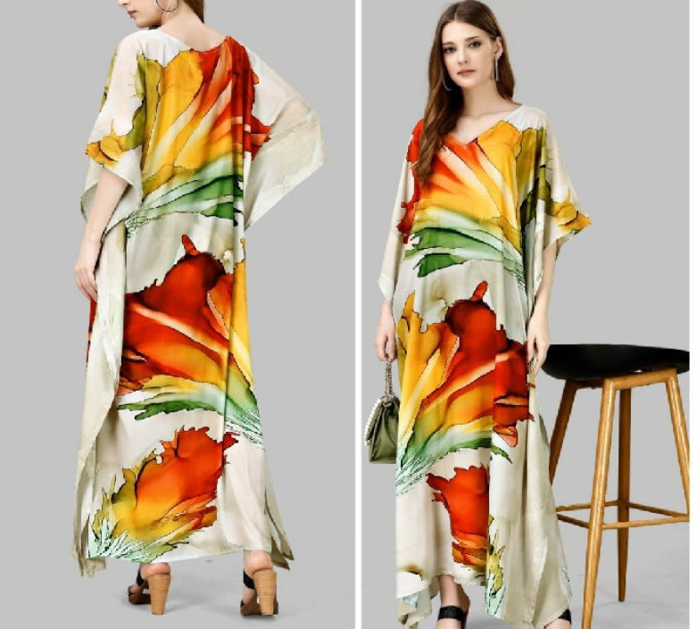 Pure Satin Silk Full Length Kaftan With Digital Prints