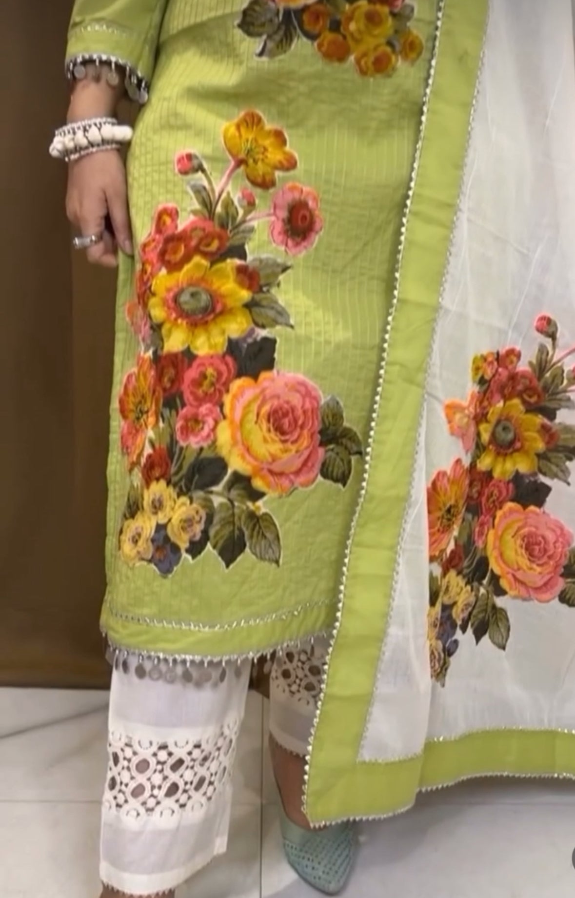 Pista Green Floral Patchwork Pure Cotton Suit