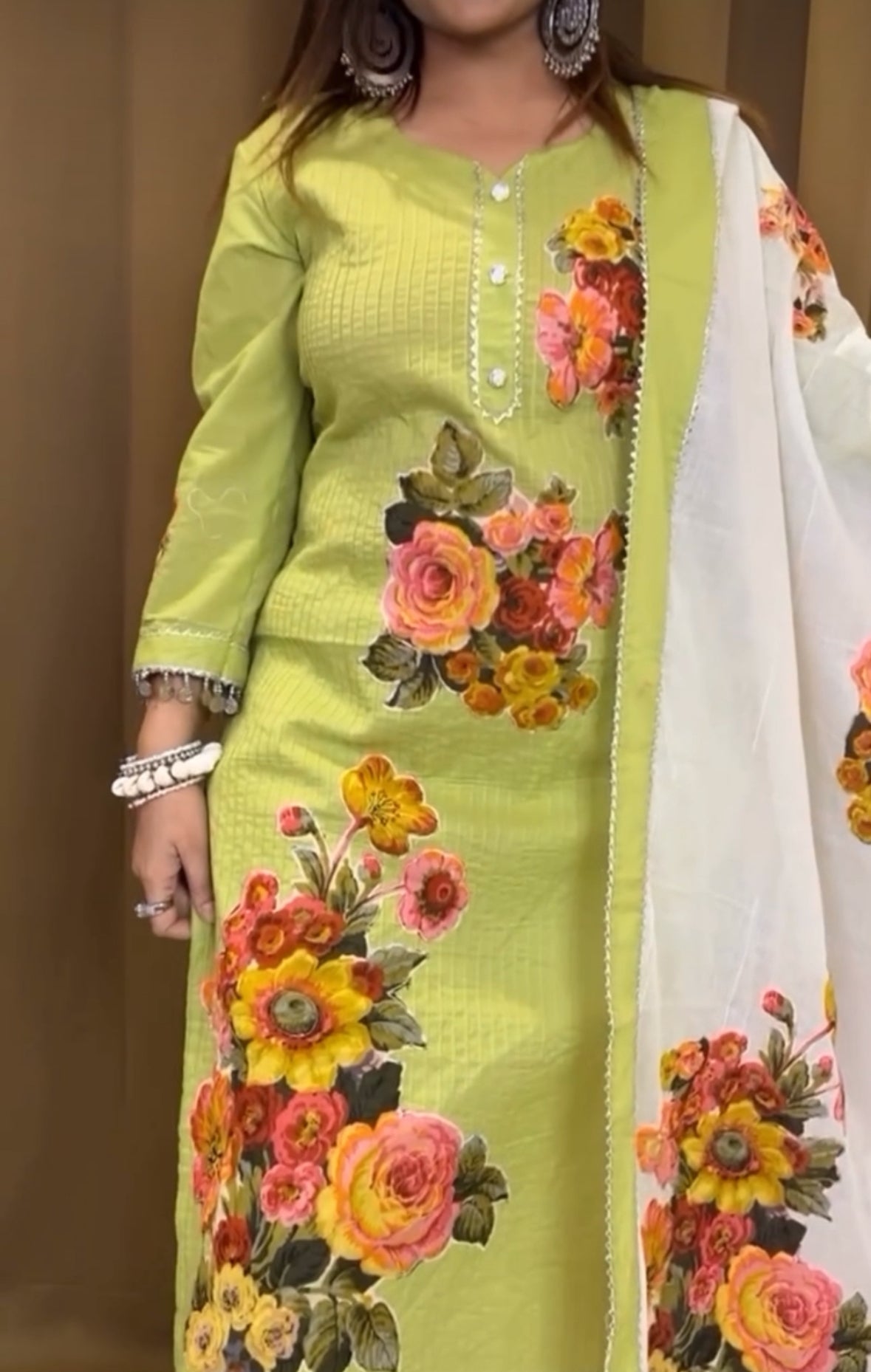 Pista Green Floral Patchwork Pure Cotton Suit